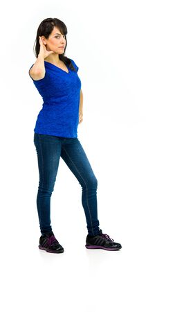 model isolated white background listening hear secretの写真素材
