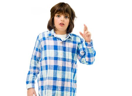 model isolated white background fingers crossed for luckの写真素材