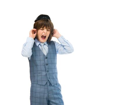 model isolated white background plugging ears too noisyの写真素材
