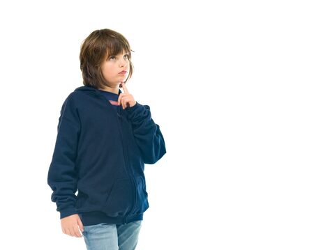 model isolated white background thinking pensive looking upの写真素材