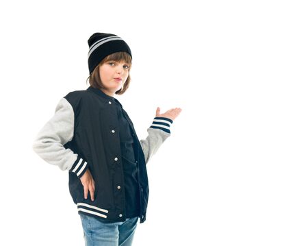 model isolated white background presenting hand gestureの写真素材