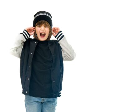 model isolated white background plugging ears too noisyの写真素材