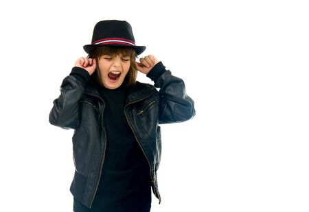 model isolated white background plugging ears too noisyの写真素材