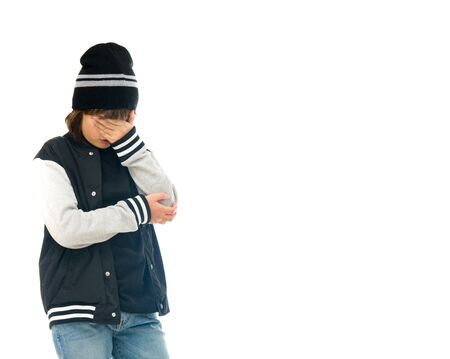 model isolated white background hiding shame ashamedの写真素材