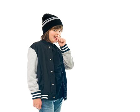 model isolated white background biting nails stressedの写真素材