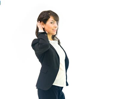 model isolated white background listening hear secretの写真素材