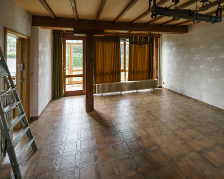 House interior with floor and ladder and sunlight shining trough. belgium europeの写真素材