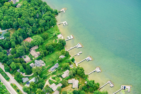 Aerial view of houses at day on waterfront, Toronto, Ontario, Canada. aerial picture from ontario canada 2016の写真素材