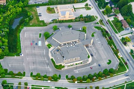 Large building with carpark in suburb of Toronto, Ontario, Canada. aerial picture from ontario canada 2016の写真素材