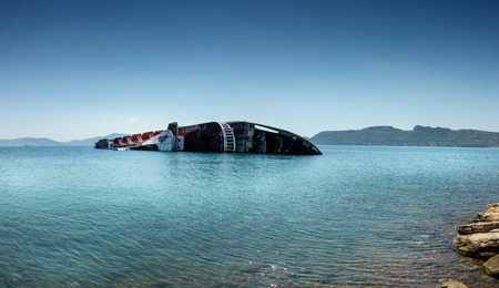 Panoramic view of sinking shipwreck in sea; Greeceのeditorial素材