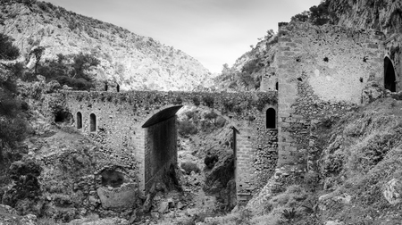Panoramic view of ruined bridge against mountain Crete Greeceの写真素材