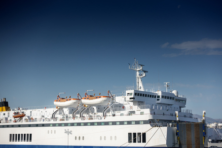 View of lifeboats on cruise ship Crete Greece Europeの写真素材