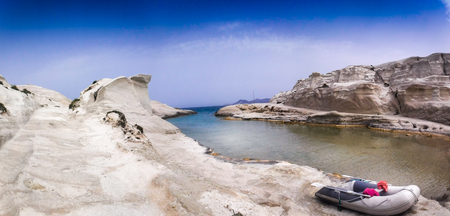 Panoramic view of white cliff and sea Milos Island Greeceの写真素材