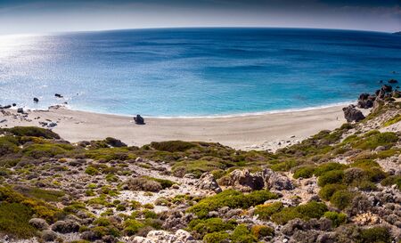 Aerial view of beach and rocky coastline, Crete, Greeceの写真素材