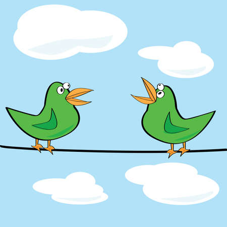 Cartoon illustration of a couple of birds chirping on a wireのイラスト素材