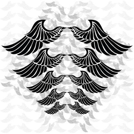 Illustration of a pair of wings in different sizes and tones. Background in separate layer.のイラスト素材