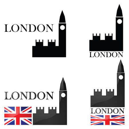 Concept set of illustrations for London showing an icon for the Big Ben alongside other elements such as the Union Jackのイラスト素材