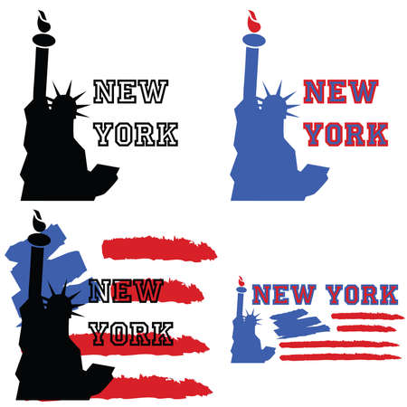 Concept set of illustrations about New York, with the Statue of Liberty and other elements like a stylized US flagのイラスト素材