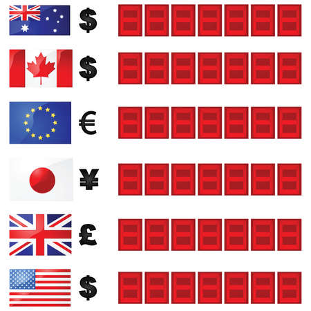 Illustration of a currency rate board, with six flags and currency symbols beside electronic number displaysのイラスト素材