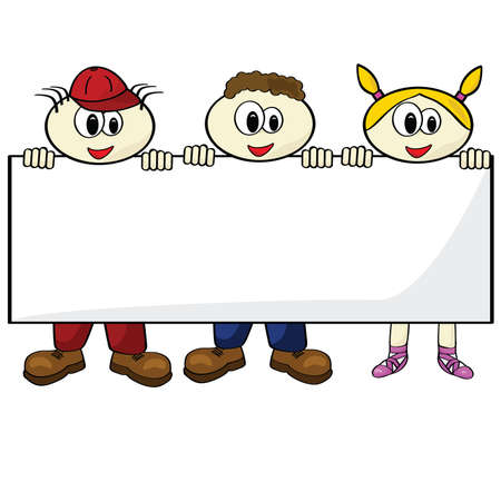 Cartoon illustration of three children holding a blank cardのイラスト素材