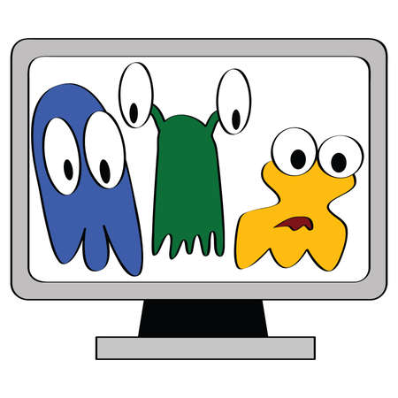 Cartoon illustration of a computer monitor showing three different types of computer virusesのイラスト素材