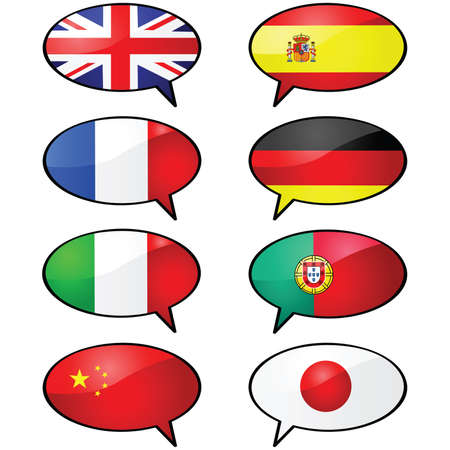 Glossy illustration of several cartoon talk balloons, with different flags representing different languagesのイラスト素材