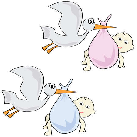 Cartoon illustration of storks carrying a baby boy and a baby girlのイラスト素材