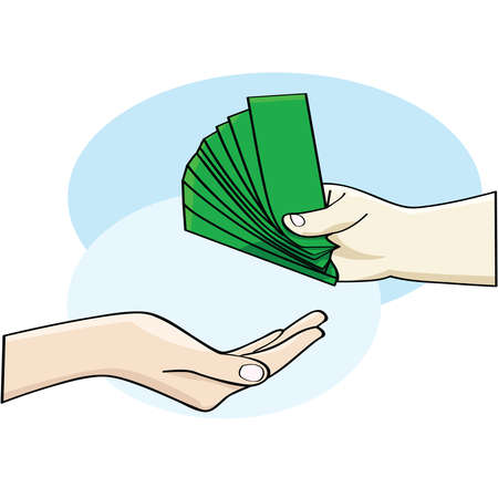 Cartoon illustration showing a hand giving money and an open hand accepting itのイラスト素材