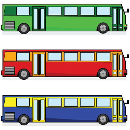 Cartoon illustration of three modern buses, in different colorsのイラスト素材