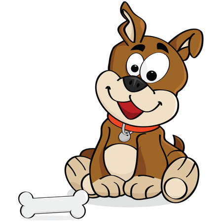 Cartoon illustration of a cute dog sitting down in front of a boneのイラスト素材