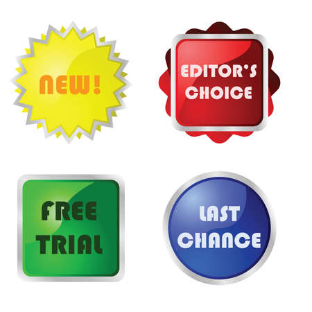 Collection of four different glossy buttons with messages for web pages: new, Editor's choice, Free trial and Last chance.のイラスト素材