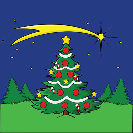 Cartoon illustration of a Christmas tree in the middle of a field at nightのイラスト素材