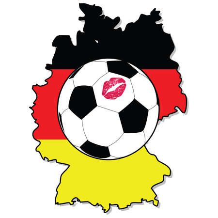 Illustration of a soccer ball with a lipstick mark on it over a map of Germany with the country's flagのイラスト素材