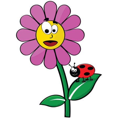 Cartoon illustration showing a happy flower and a ladybugのイラスト素材