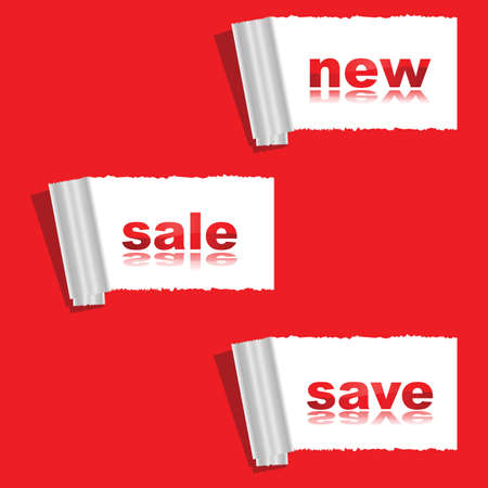 Concept illustration showing a ripped red paper with messages for 'new,' 'sale,' and 'save' underneathのイラスト素材