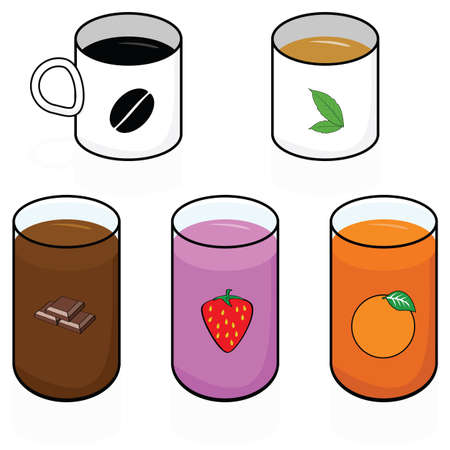Cartoon illustration showing different hot and cold breakfast beveragesのイラスト素材