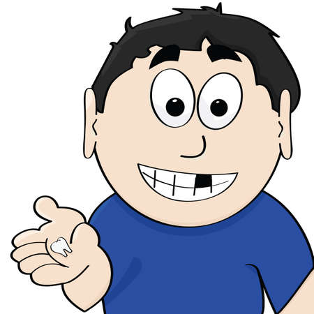 Cartoon illustration showing a boy displaying his tooth after losing itのイラスト素材