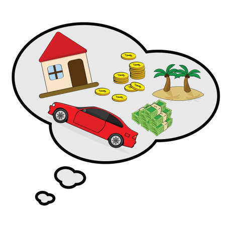 Cartoon illustration showing a thought bubble with things a person is wishing for: house, car, money and a tropical islandのイラスト素材