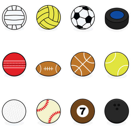 Set with cartoon balls for different sports: volleyball, water polo, soccer, hockey, cricket, football, basketball, tennis, golf, baseball, billiards and bowlingのイラスト素材