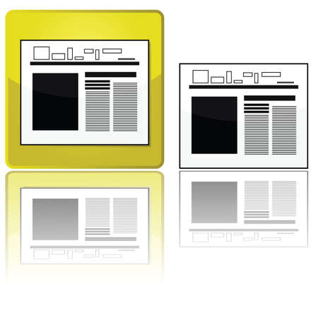 Glossy illustration showing a newspaper icon, with and without a golden button, reflected on a white surfaceのイラスト素材