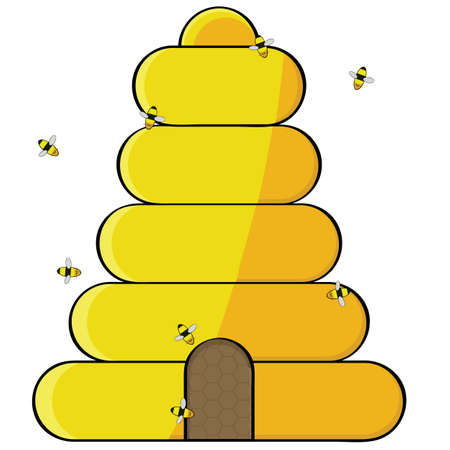 Cartoon illustration showing bees flying towards the opening of a beehiveのイラスト素材
