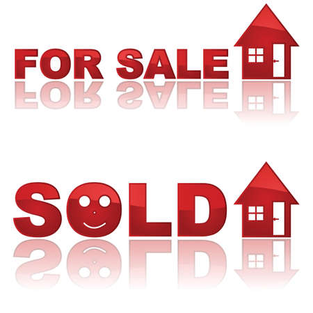 Set of two glossy real estate signs showing a house for sale and another one soldのイラスト素材