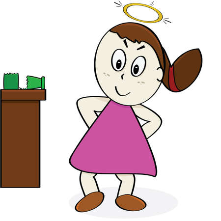Cartoon illustration of a girl pretending to be an angel after breaking up a vaseのイラスト素材
