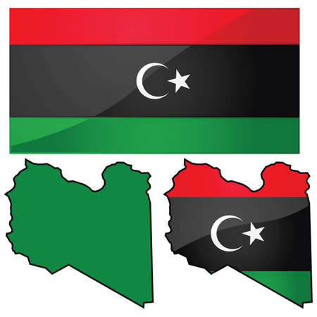 Glossy illustration showing map of Libya with flag used by transitional government (and from 1951-1969)のイラスト素材