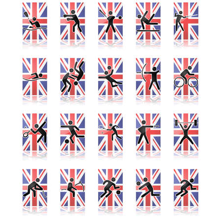 Collection of different sport icons over a United Kingdom flag and reflected over a white surfaceのイラスト素材