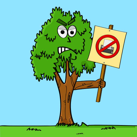 Concept cartoon illustration showing a tree protesting against printers and asking people to stop printing thingsのイラスト素材