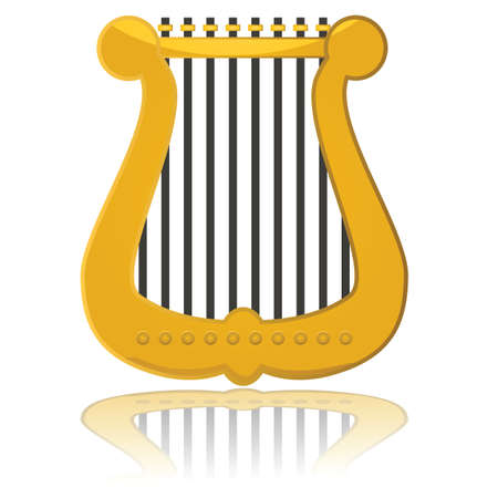 Glossy illustration showing a small harp reflected on a white surfaceのイラスト素材