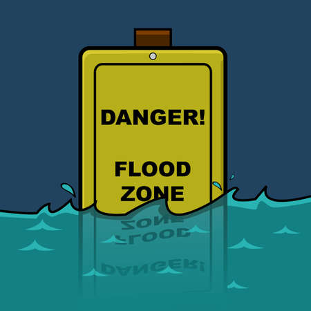Cartoon illustration showing a traffic sign warning about a Flood Zone, already halfway submerged in waterのイラスト素材
