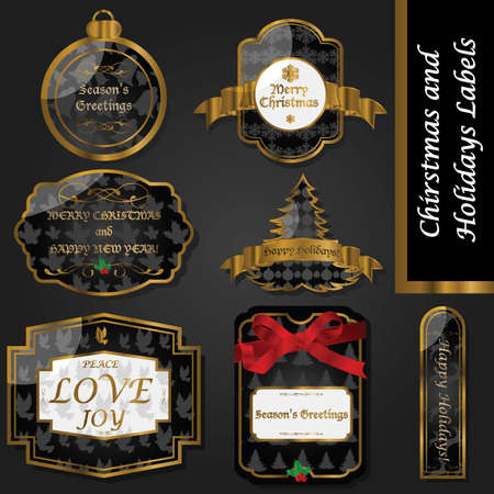 Set of different Christmas and holiday themed gold and black labelsのイラスト素材