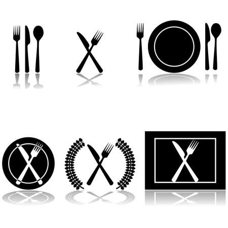 Icon illustrations of fork, knife and spoon arranged in different waysのイラスト素材